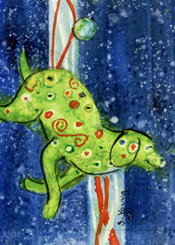 "Mardi Dog miniature" by  Susan Young, Madison WI - Watercolor on Yupo, SOLD